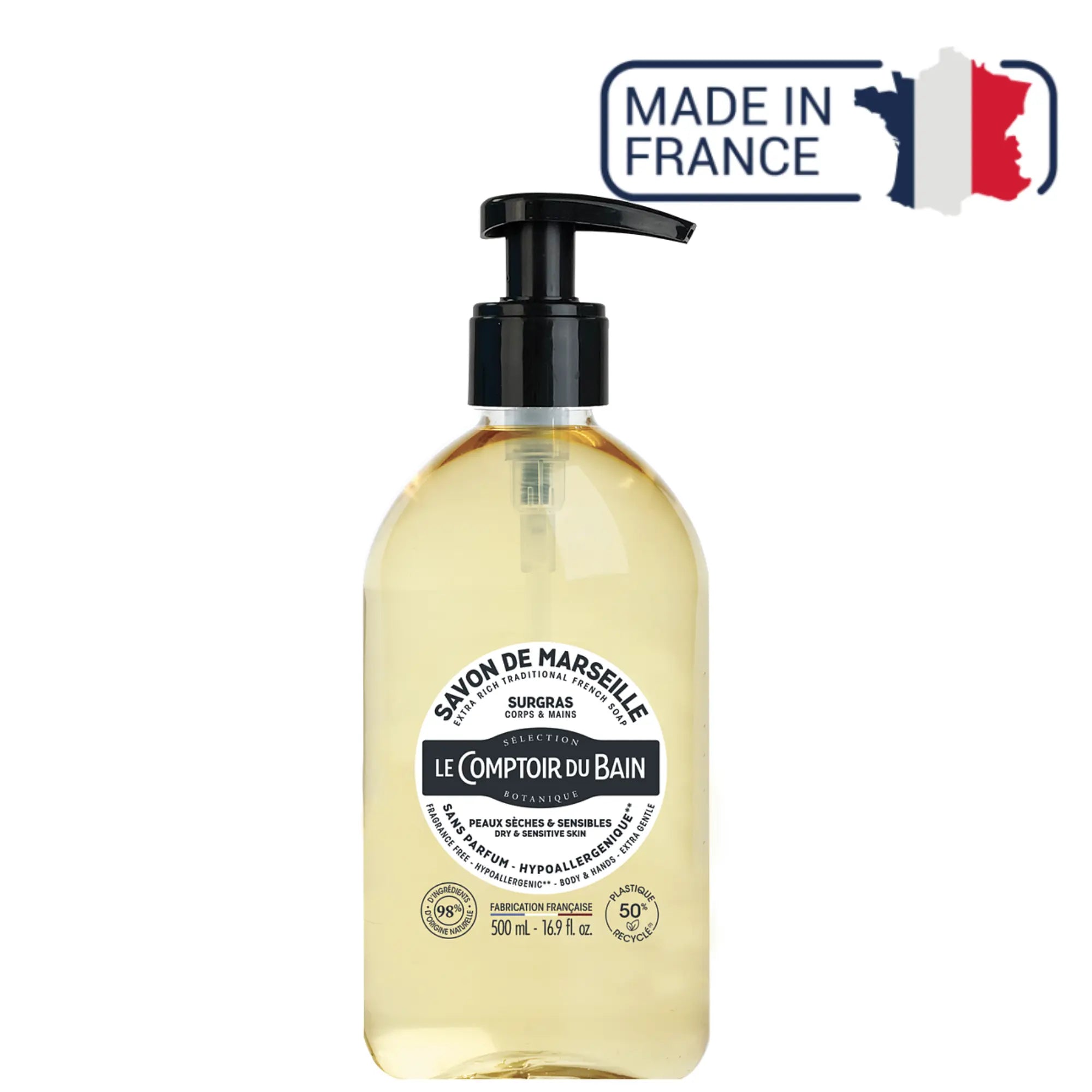 Savon de Marseille liquide Hypoallergénique - 500ml - Le Comptoir du Bain